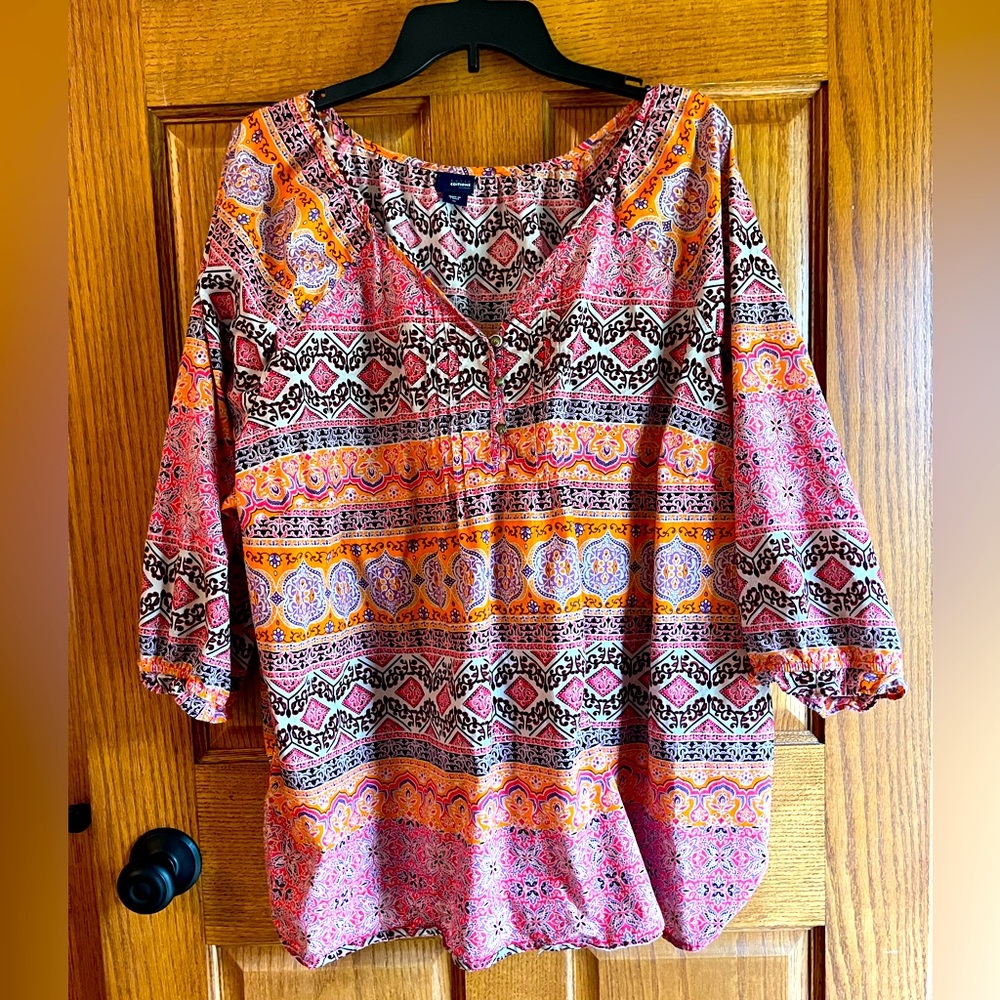 Colorful Bohemian Blouse Tunic 3X Multi color Floral Cotton, Basic Editions